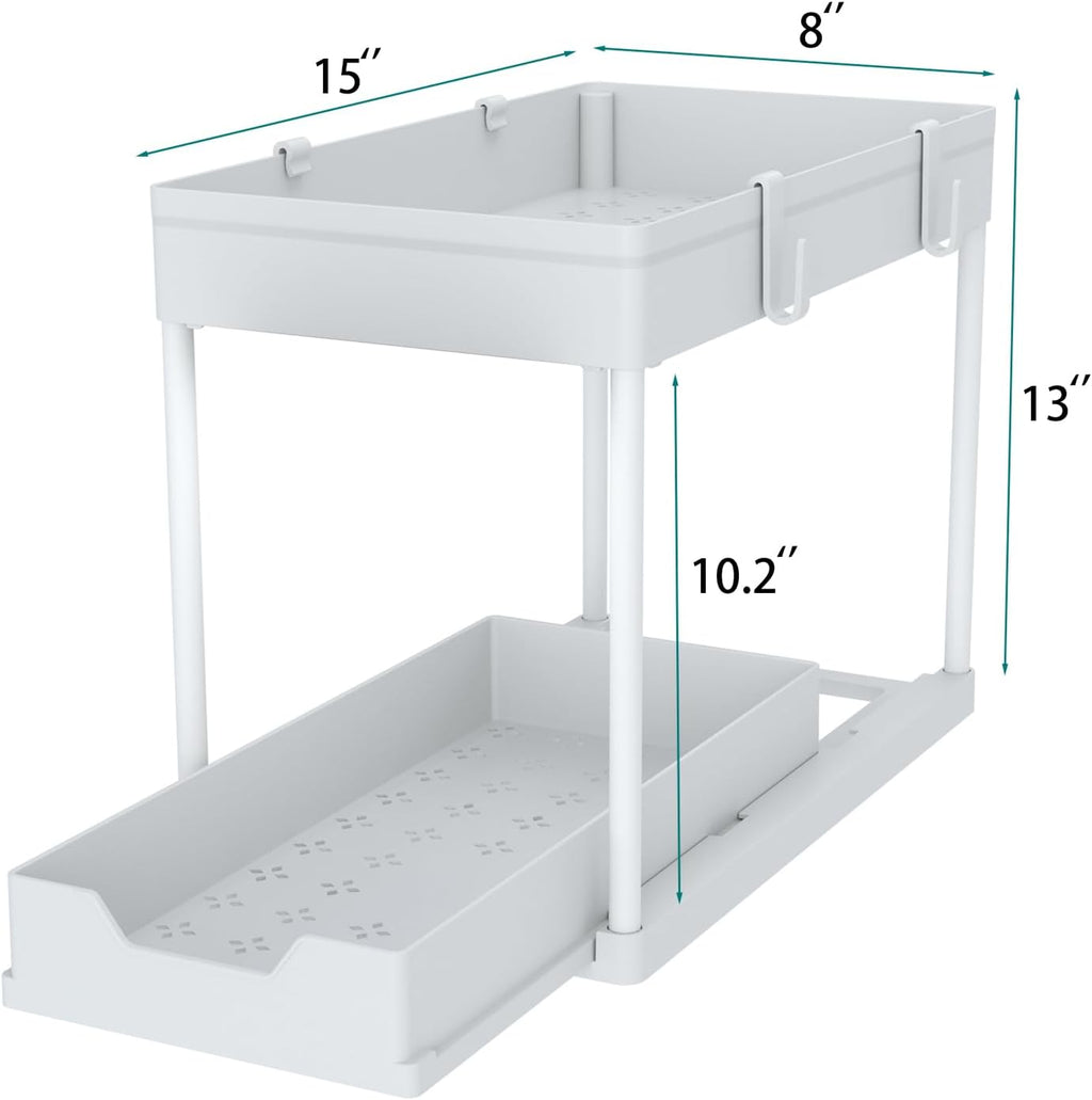 DEKAVA Cabinet, 2 Pack Under Sink Organizer, 2 Tier Sliding Bathroom Kitchen Organizer, Large White ABS Baskets, Easy Install & Clean