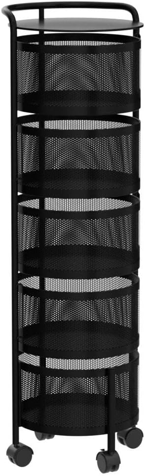 Rotating Fruit Basket, 5-Tier Metal Sturdy Kitchen Storage Rack Shelf Carts No Assembly on Rolling Wheels for Fruit Vegetable Grocery Corns Potato Onion (5-Tier, Black)