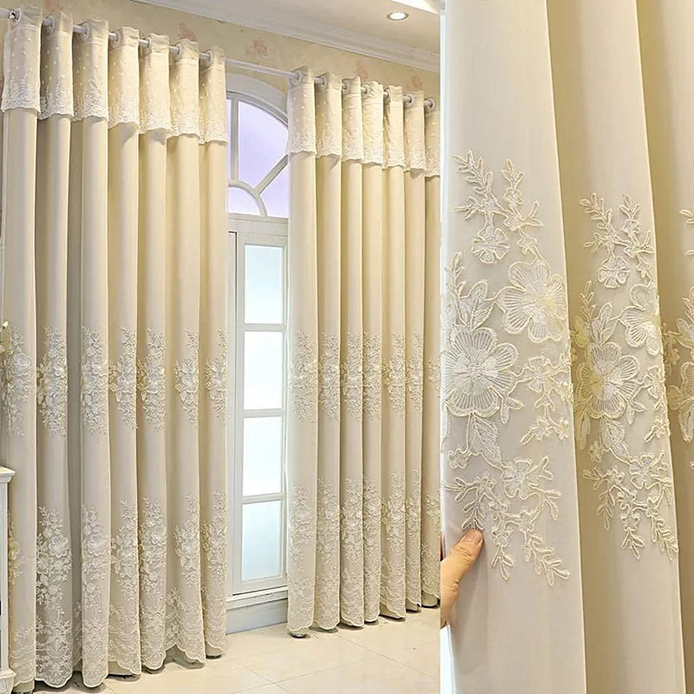Amidoudou 1 Pair European Double Layer Curtains Luxury Flower Embroidered Curtains for Living Room Bedroom (Beige,52x96 Inch)