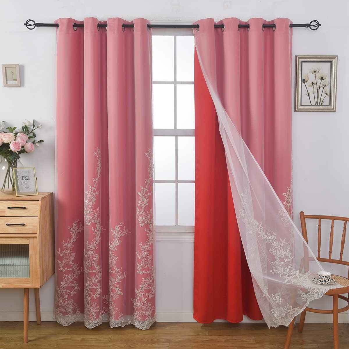 GYROHOME Double Layered Curtains with Embroidered White Sheer Tulle, Mix and Match Curtains Room Darkening Grommet Top Thermal Insulated Drapes,2Panels,52x84inch,Beige