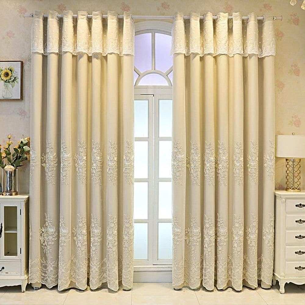 Amidoudou 1 Pair European Double Layer Curtains Luxury Flower Embroidered Curtains for Living Room Bedroom (Beige,52x96 Inch)