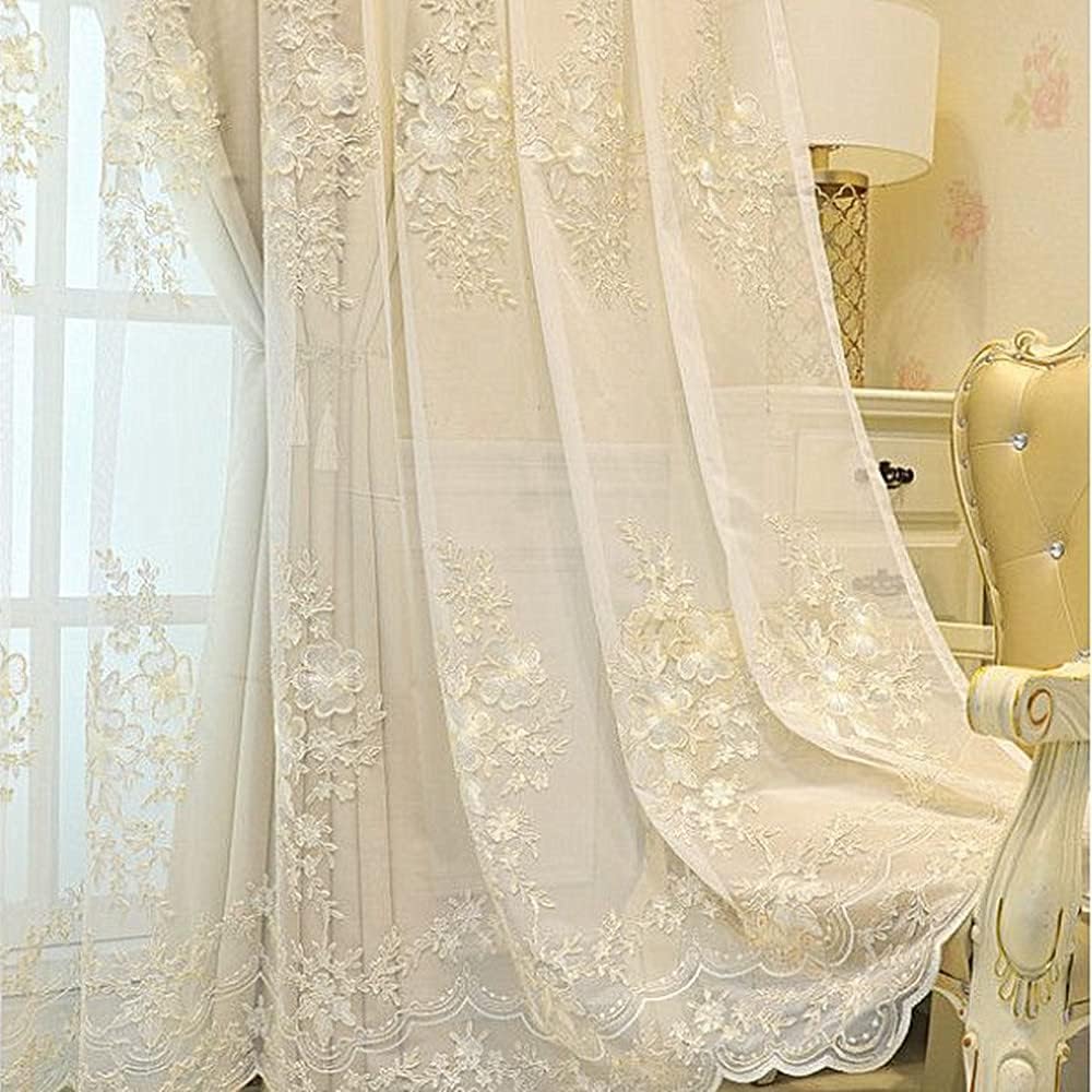 Amidoudou 1 Pair European Double Layer Curtains Luxury Flower Embroidered Curtains for Living Room Bedroom (Beige,52x96 Inch)