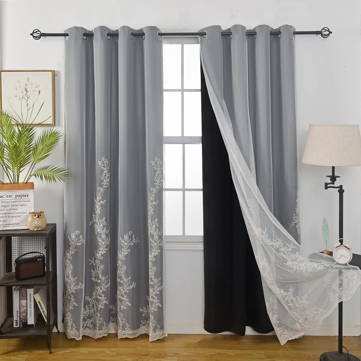 GYROHOME Double Layered Curtains with Embroidered White Sheer Tulle, Mix and Match Curtains Room Darkening Grommet Top Thermal Insulated Drapes,2Panels,52x84inch,Beige