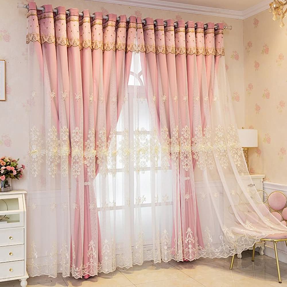 Amidoudou 2 Panels Luxury Embroidered European Double Layer Curtains, 52x90 Inch Grey Drapes for Living Room & Bedroom