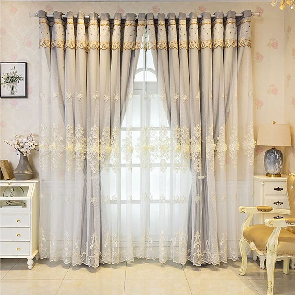 Amidoudou 2 Panels Luxury Embroidered European Double Layer Curtains, 52x90 Inch Grey Drapes for Living Room & Bedroom