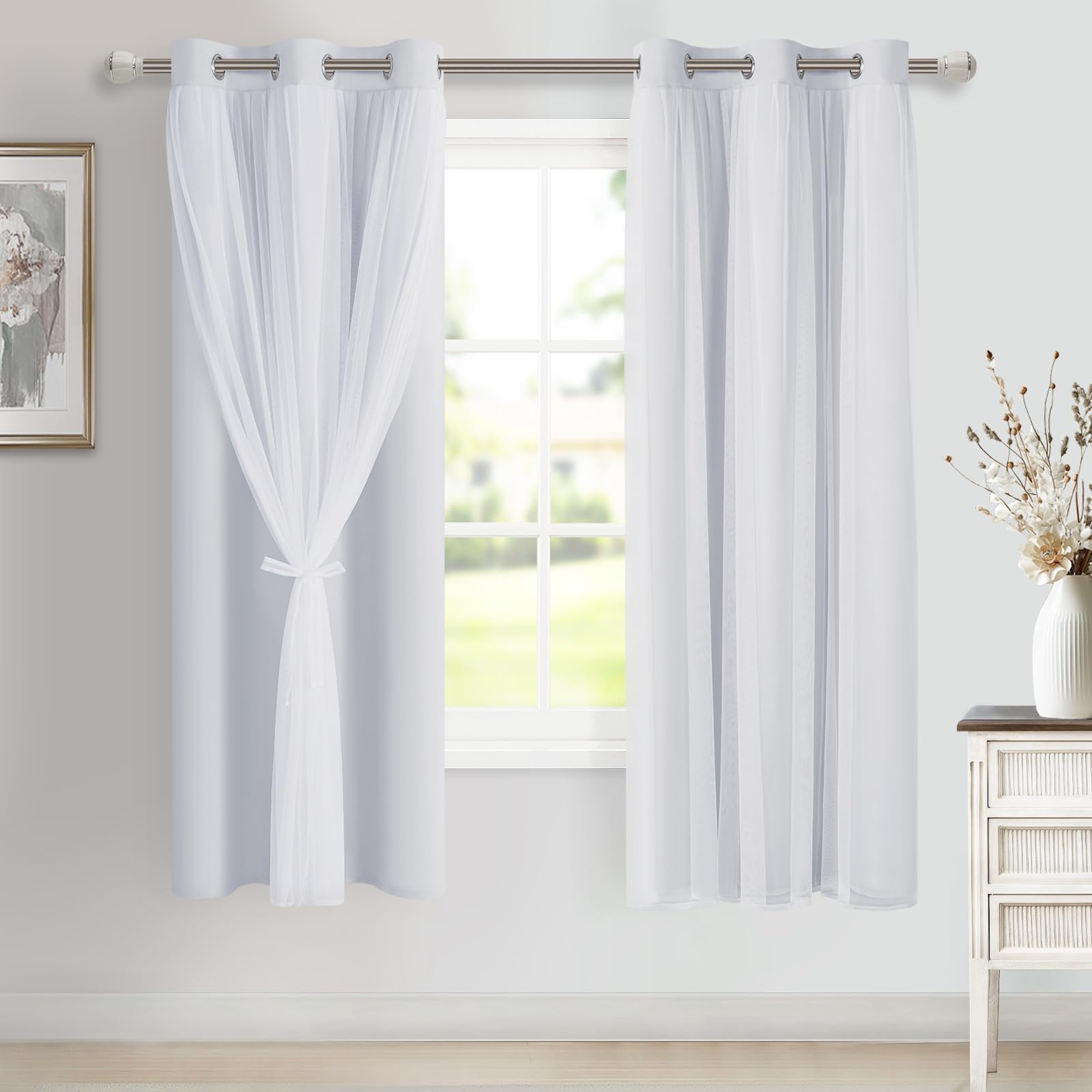 DWCN White Blackout Curtains with Sheer Overlay Thermal Insulated Mix & Match Double Layer Window Panels for Bedroom Living Room Drape Sewn with Tiebacks Grommet Top 52" Wx84 Lx2
