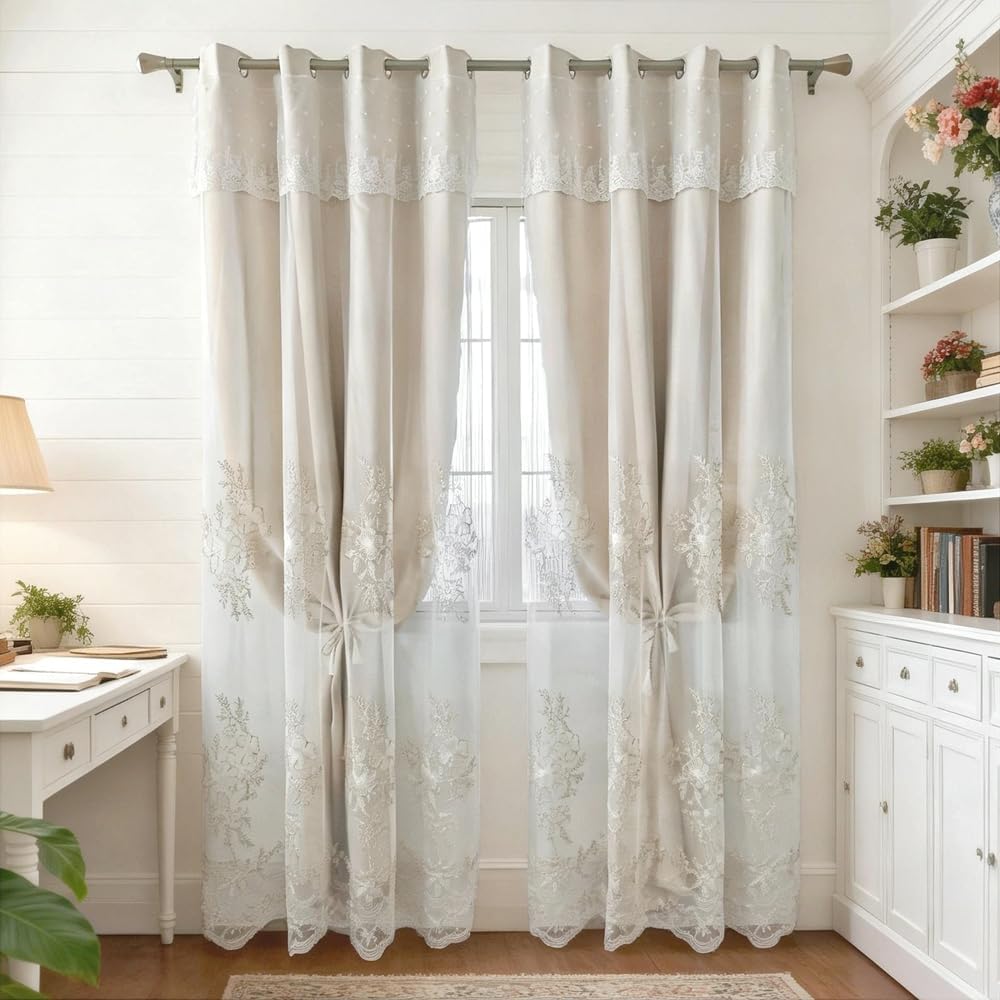 Amidoudou 1 Pair European Double Layer Curtains Luxury Flower Embroidered Curtains for Living Room Bedroom (Beige,52x96 Inch)