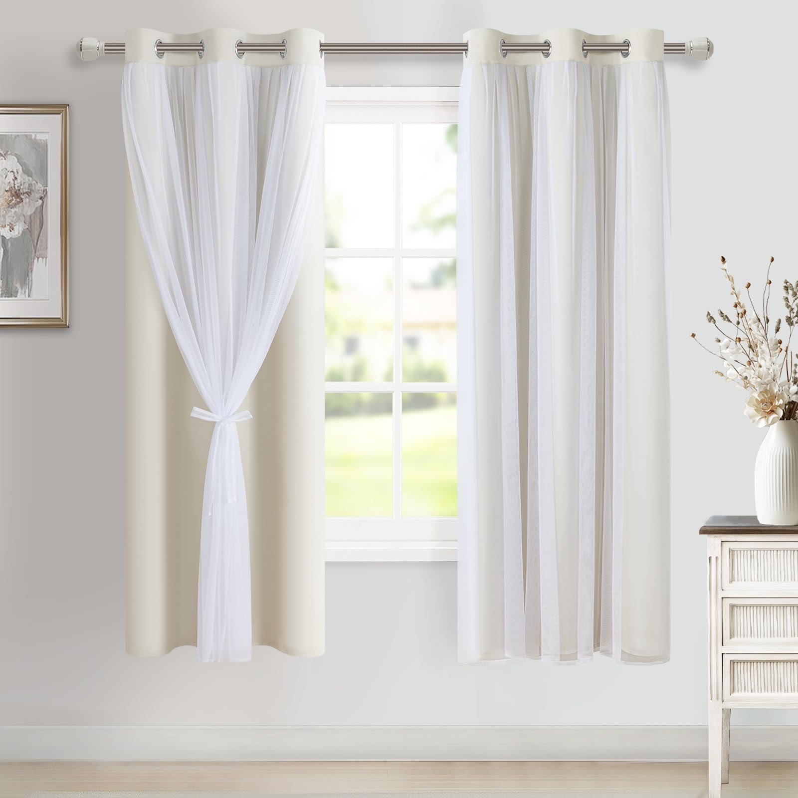DWCN White Blackout Curtains with Sheer Overlay Thermal Insulated Mix & Match Double Layer Window Panels for Bedroom Living Room Drape Sewn with Tiebacks Grommet Top 52" Wx84 Lx2