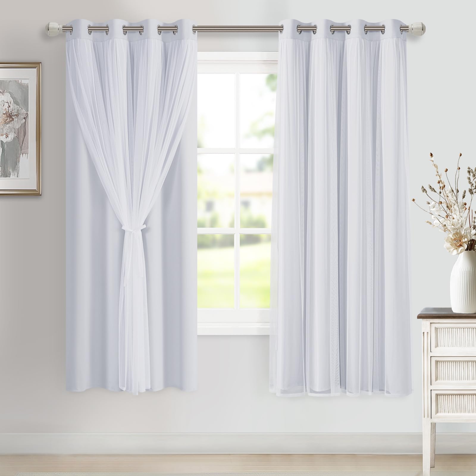 DWCN White Blackout Curtains with Sheer Overlay Thermal Insulated Mix & Match Double Layer Window Panels for Bedroom Living Room Drape Sewn with Tiebacks Grommet Top 52" Wx84 Lx2