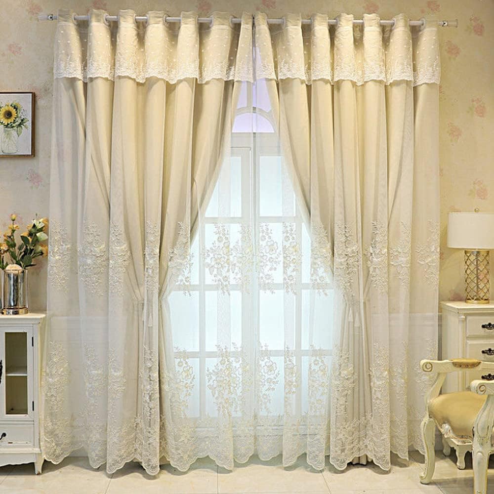 Amidoudou 1 Pair European Double Layer Curtains Luxury Flower Embroidered Curtains for Living Room Bedroom (Beige,52x96 Inch)