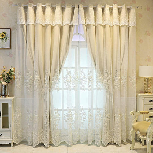 Amidoudou 1 Pair European Double Layer Curtains Luxury Flower Embroidered Curtains for Living Room Bedroom (Beige,52x96 Inch)