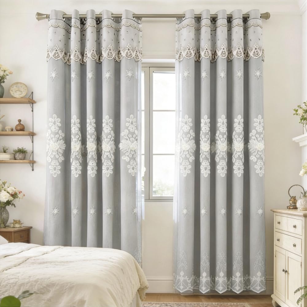 Amidoudou 2 Panels Luxury Embroidered European Double Layer Curtains, 52x90 Inch Grey Drapes for Living Room & Bedroom