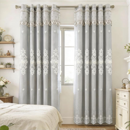 Amidoudou 2 Panels Luxury Embroidered European Double Layer Curtains, 52x90 Inch Grey Drapes for Living Room & Bedroom