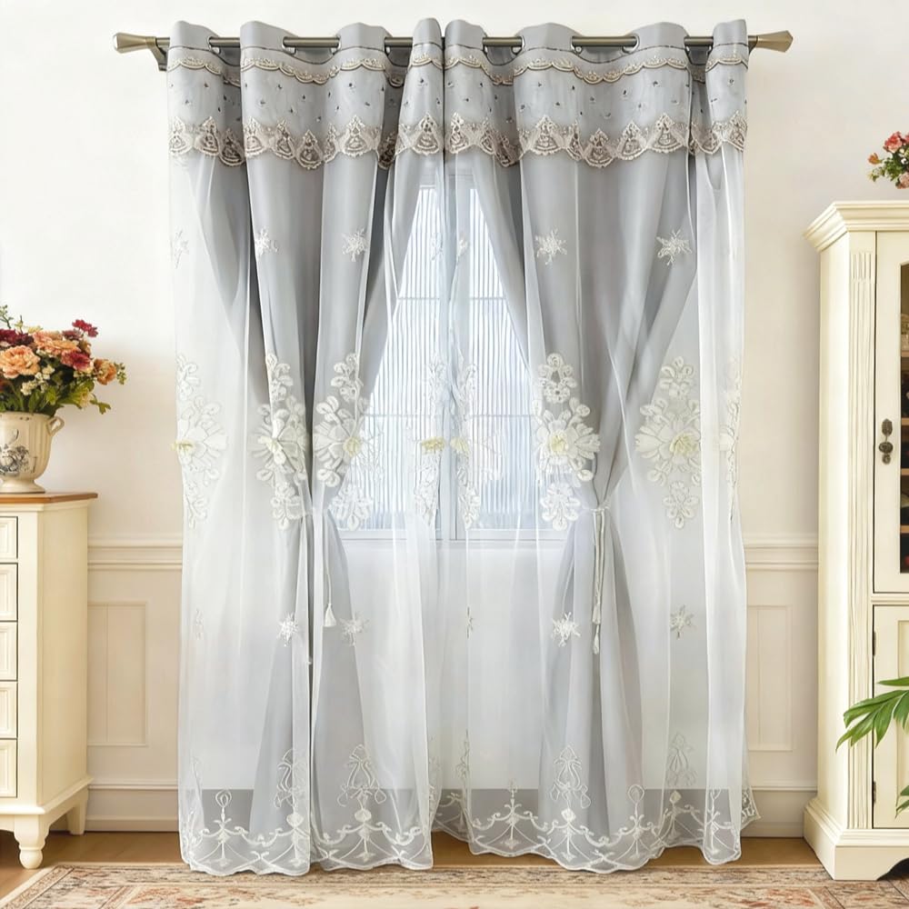 Amidoudou 2 Panels Luxury Embroidered European Double Layer Curtains, 52x90 Inch Grey Drapes for Living Room & Bedroom