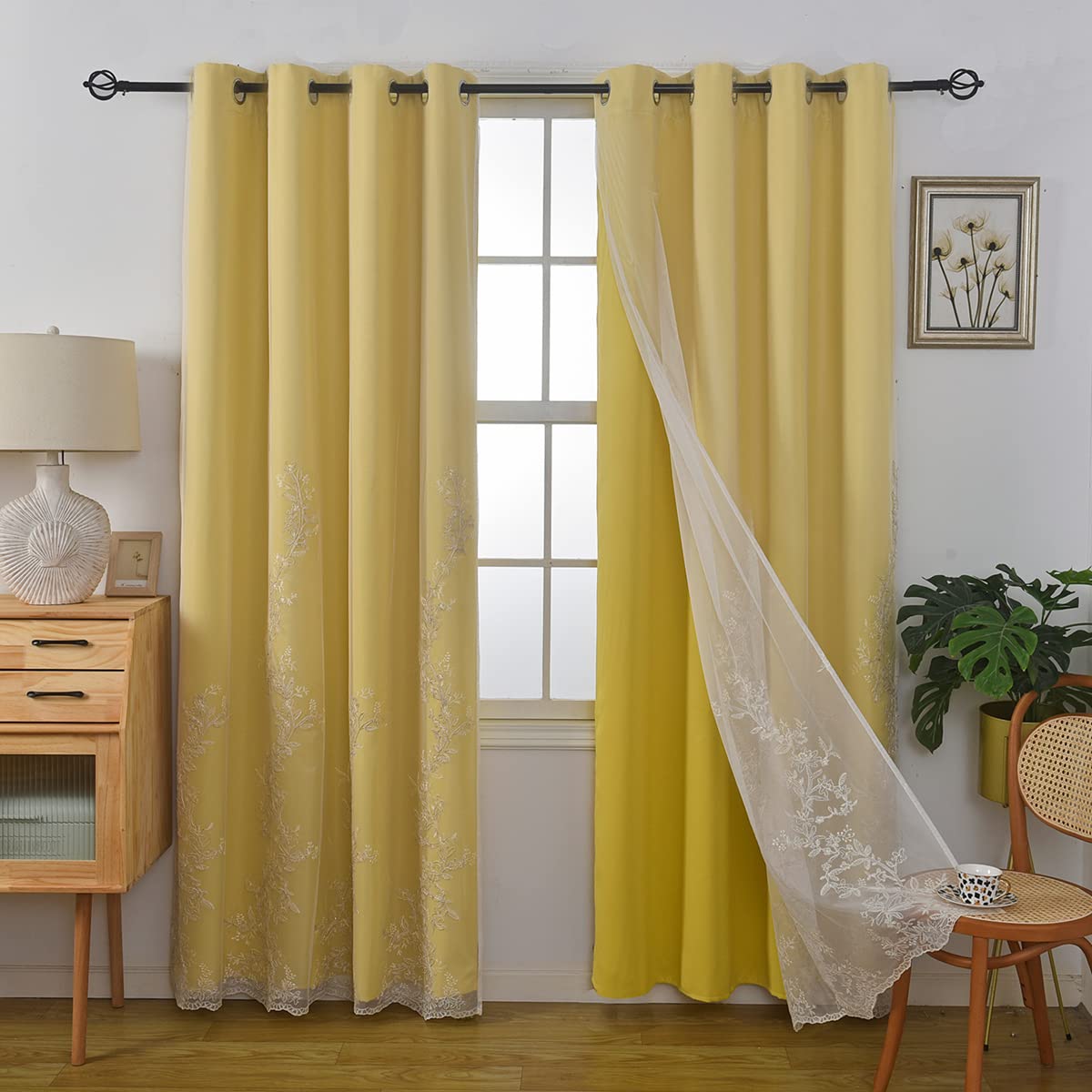 GYROHOME Double Layered Curtains with Embroidered White Sheer Tulle, Mix and Match Curtains Room Darkening Grommet Top Thermal Insulated Drapes,2Panels,52x84inch,Beige