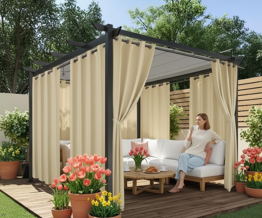 HolidayIdeas Outdoor Curtains for Patio Waterproof, 4 Panels - 54 x 84 Inch - Privacy Protection & Light Filtering Curtains Black Grommet Outside Curtains for Porch, Gazebo, Pergola, Backyard
