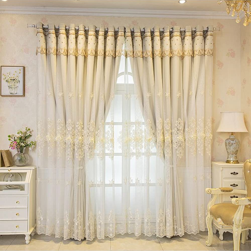Amidoudou 2 Panels Luxury Embroidered European Double Layer Curtains, 52x90 Inch Grey Drapes for Living Room & Bedroom