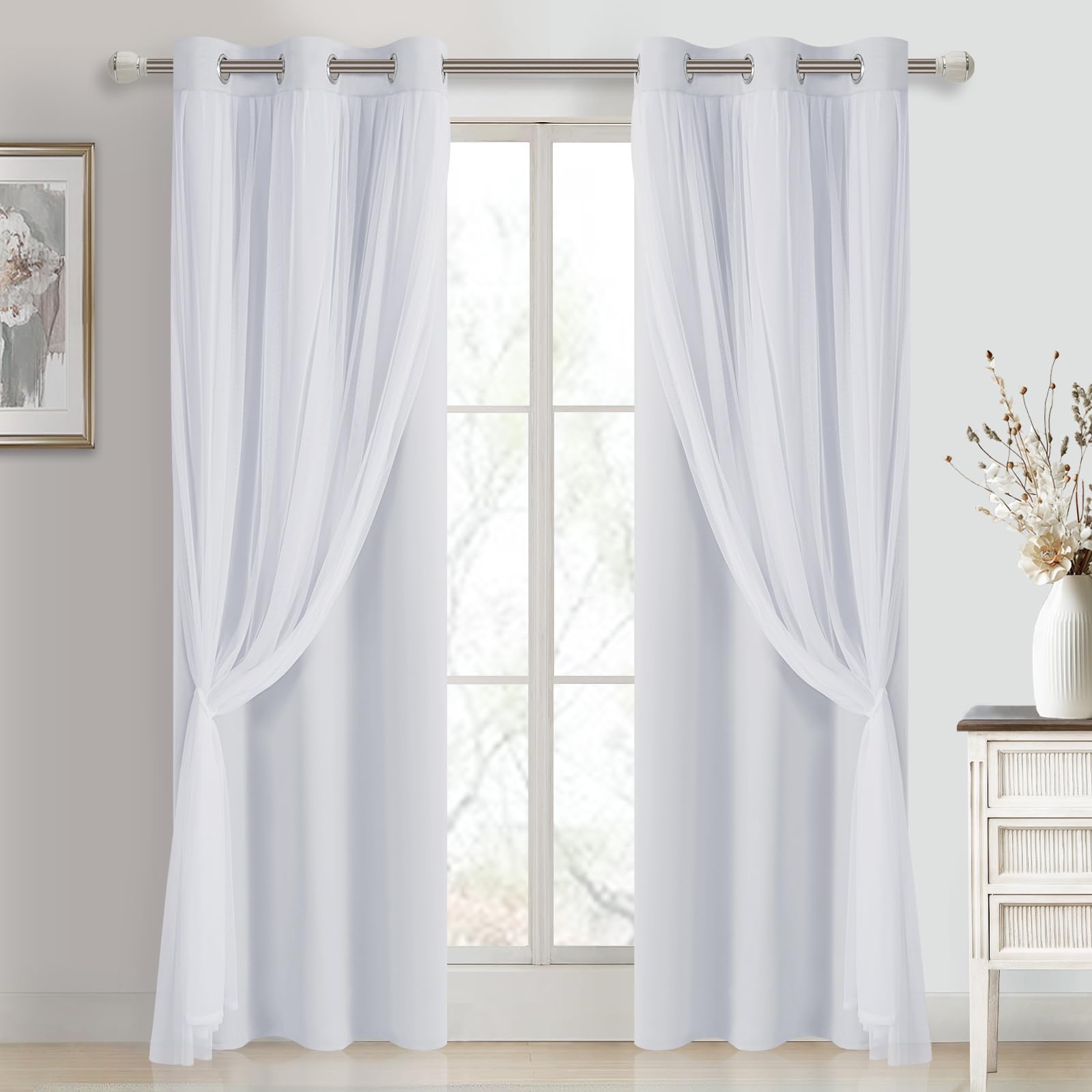 DWCN White Blackout Curtains with Sheer Overlay Thermal Insulated Mix & Match Double Layer Window Panels for Bedroom Living Room Drape Sewn with Tiebacks Grommet Top 52" Wx84 Lx2