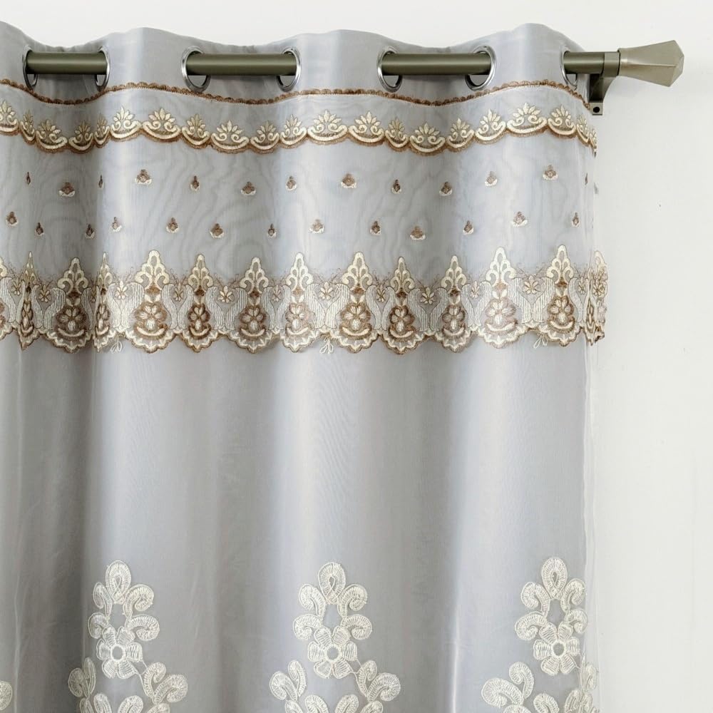 Amidoudou 2 Panels Luxury Embroidered European Double Layer Curtains, 52x90 Inch Grey Drapes for Living Room & Bedroom
