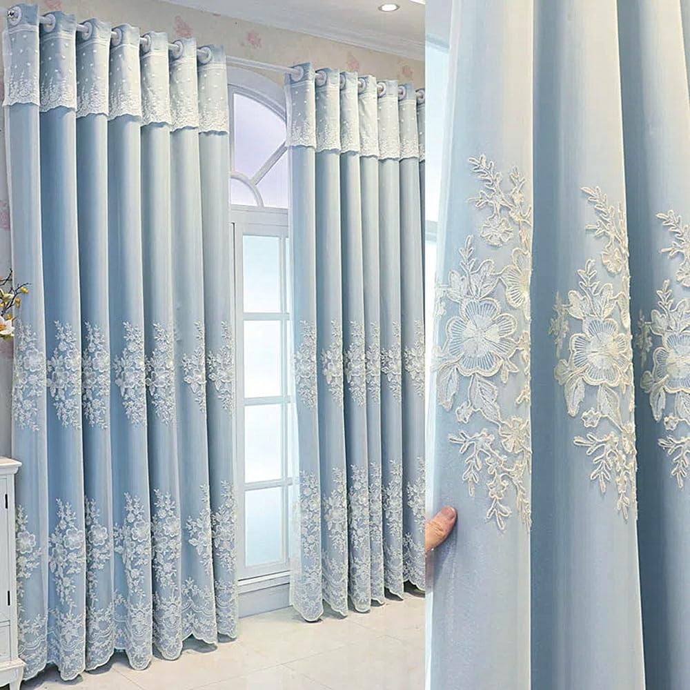 Amidoudou 1 Pair European Double Layer Curtains Luxury Flower Embroidered Curtains for Living Room Bedroom (Beige,52x96 Inch)