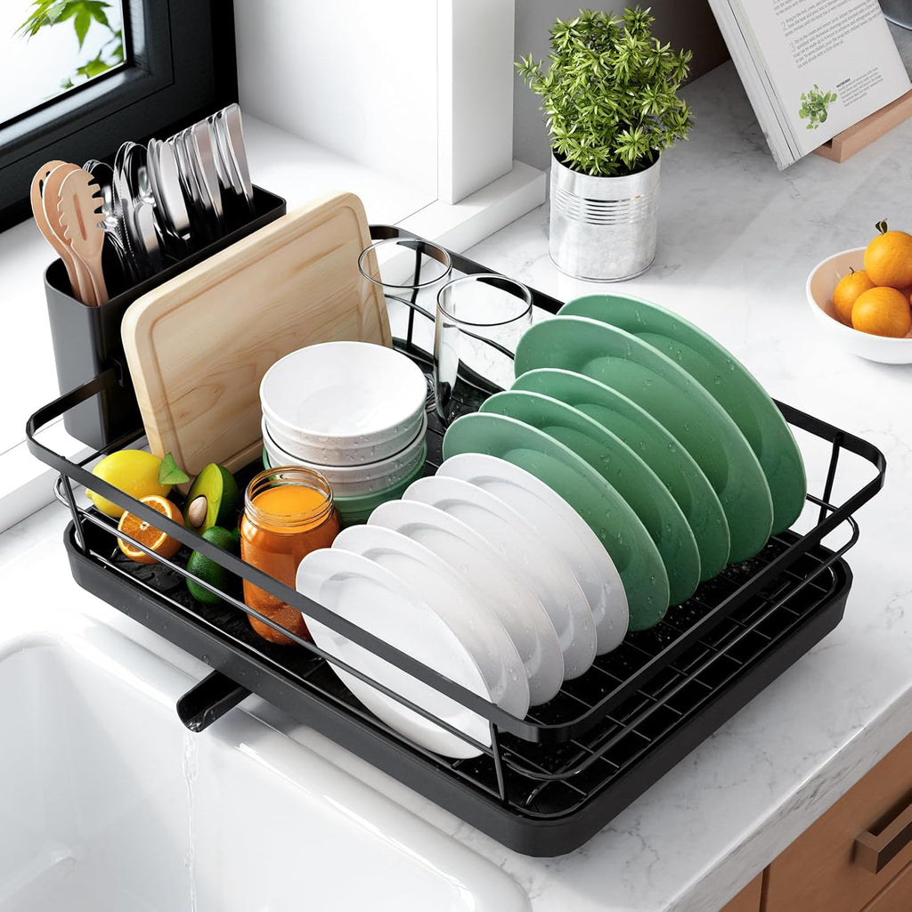 Kitsure Dish Drying Rack for Kitchen Counter, Stainless Steel Sink Organization and Storage Essentials with Cutlery Holder, Home and Appartment Decor, 12''W x 15.5''L, 2 Tiers, Black