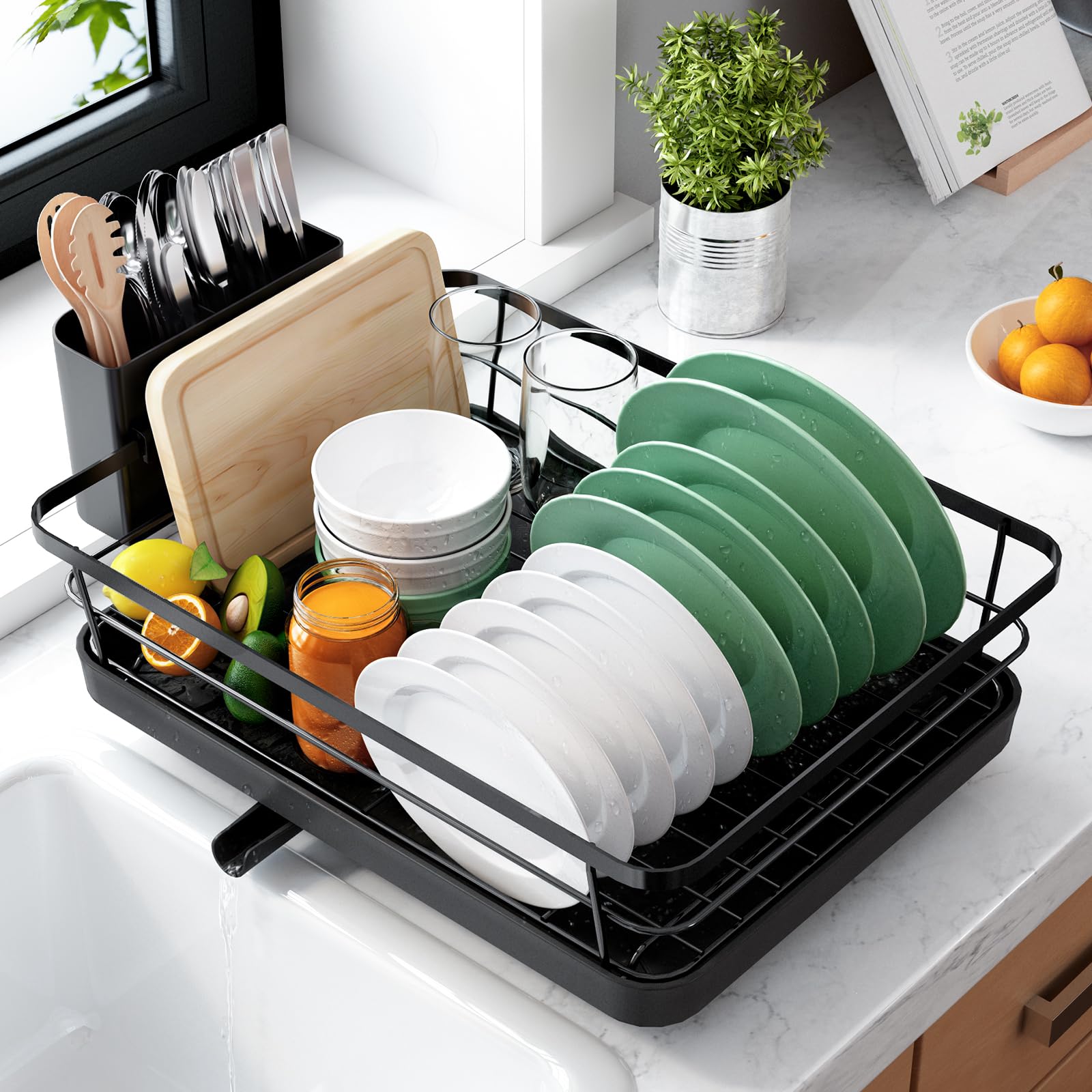 Kitsure Dish Drying Rack for Kitchen Counter, Stainless Steel Sink Organization and Storage Essentials with Cutlery Holder, Home and Appartment Decor, 12''W x 15.5''L, 2 Tiers, Black