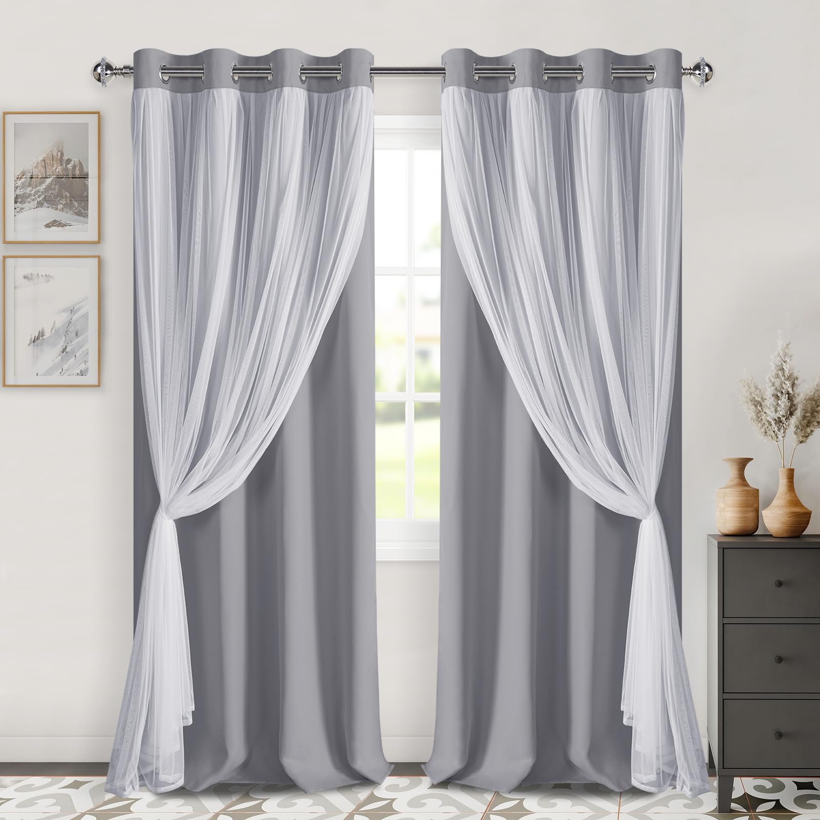DWCN White Blackout Curtains with Sheer Overlay Thermal Insulated Mix & Match Double Layer Window Panels for Bedroom Living Room Drape Sewn with Tiebacks Grommet Top 52" Wx84 Lx2