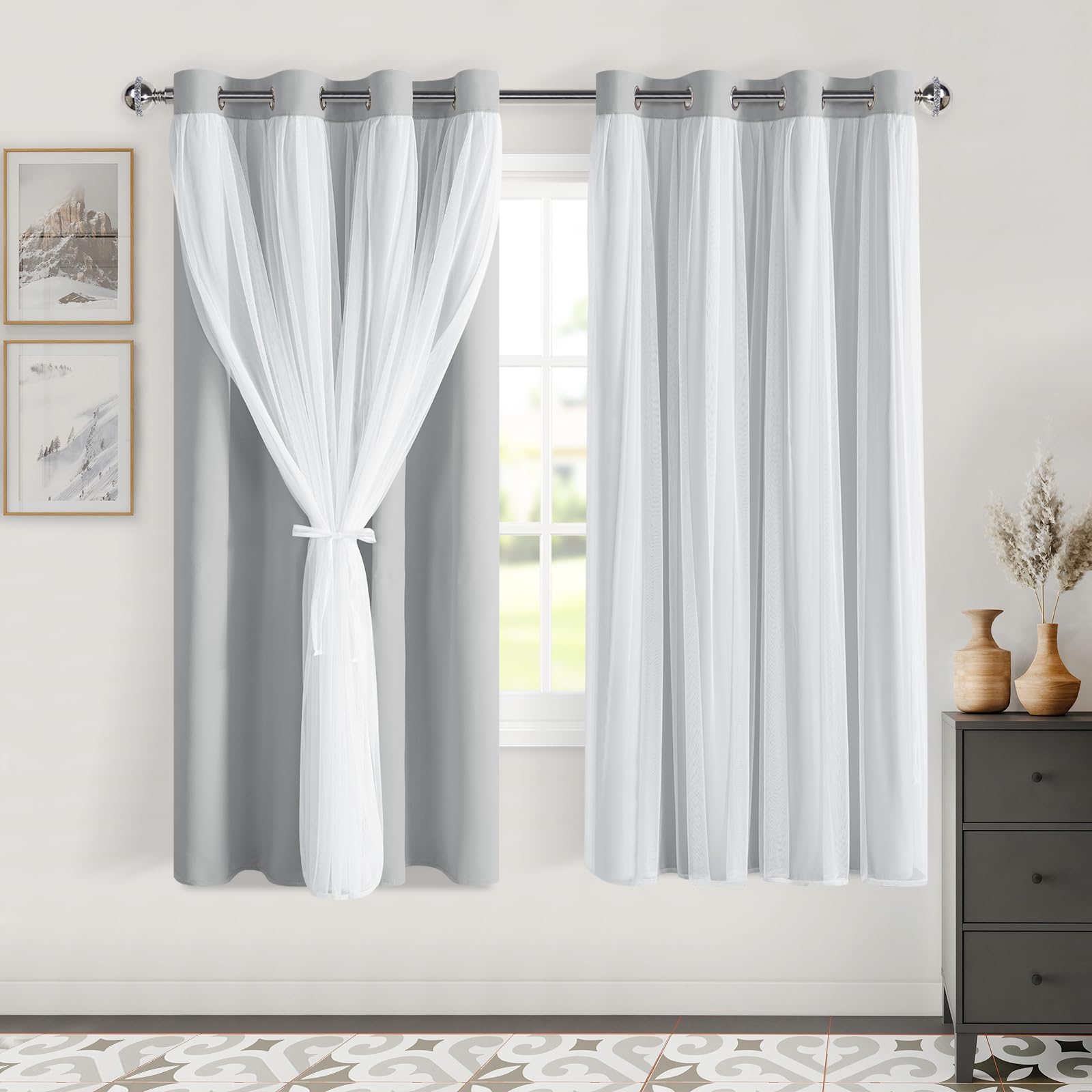 DWCN White Blackout Curtains with Sheer Overlay Thermal Insulated Mix & Match Double Layer Window Panels for Bedroom Living Room Drape Sewn with Tiebacks Grommet Top 52" Wx84 Lx2