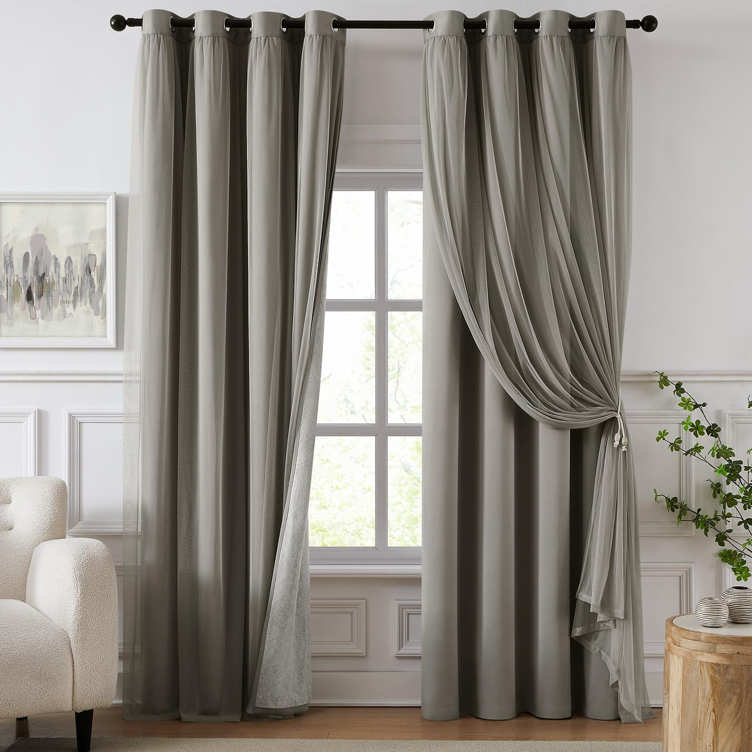 100% Blackout Curtains for Bedroom, Double Layer Ivory Curtains, Black Out Curtain 96 inch Long with Sheer Overlay for Living Room, Room Darkening Window Drapes with Grommet, 52" W x 96" L