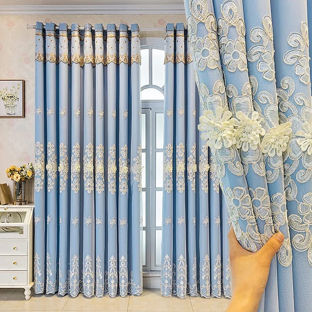 Amidoudou 2 Panels Luxury Embroidered European Double Layer Curtains, 52x90 Inch Grey Drapes for Living Room & Bedroom
