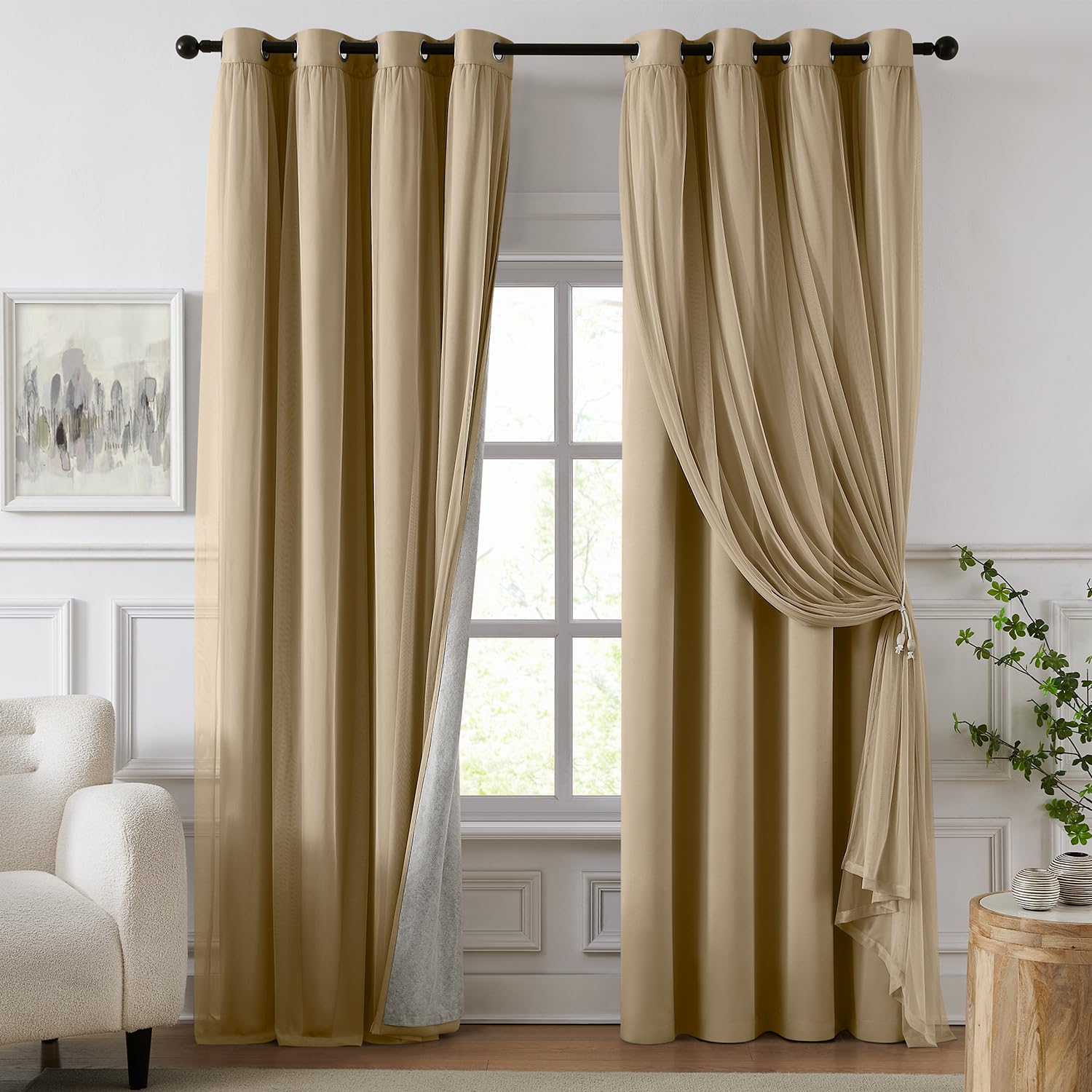 100% Blackout Curtains for Bedroom, Double Layer Ivory Curtains, Black Out Curtain 96 inch Long with Sheer Overlay for Living Room, Room Darkening Window Drapes with Grommet, 52" W x 96" L