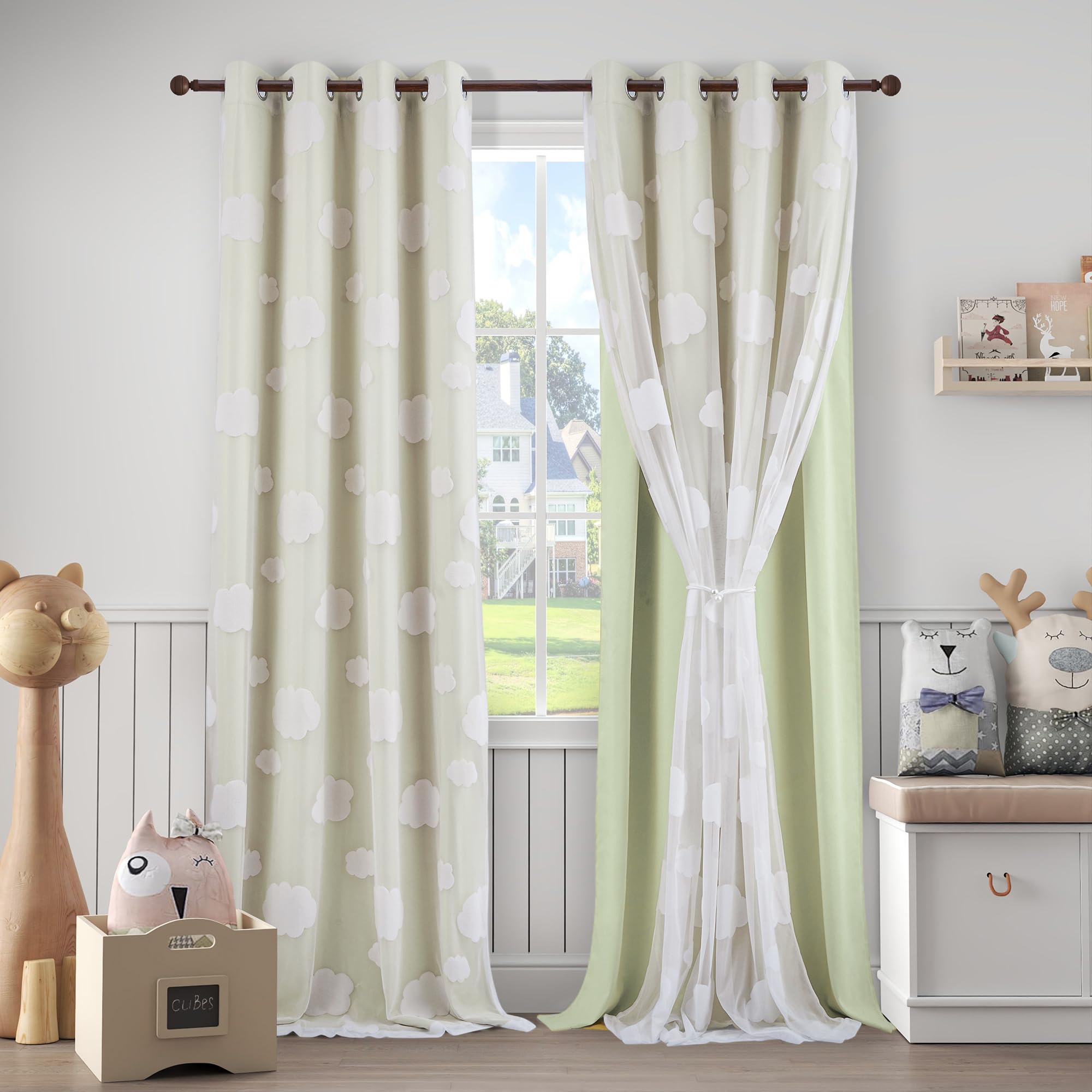 Beige Light Blocking Curtains with Sheer Overlay for Living Room Mix and Match Double Layer Window Panels 95 Inch for Bedroom Grommet Top, W52 X L95