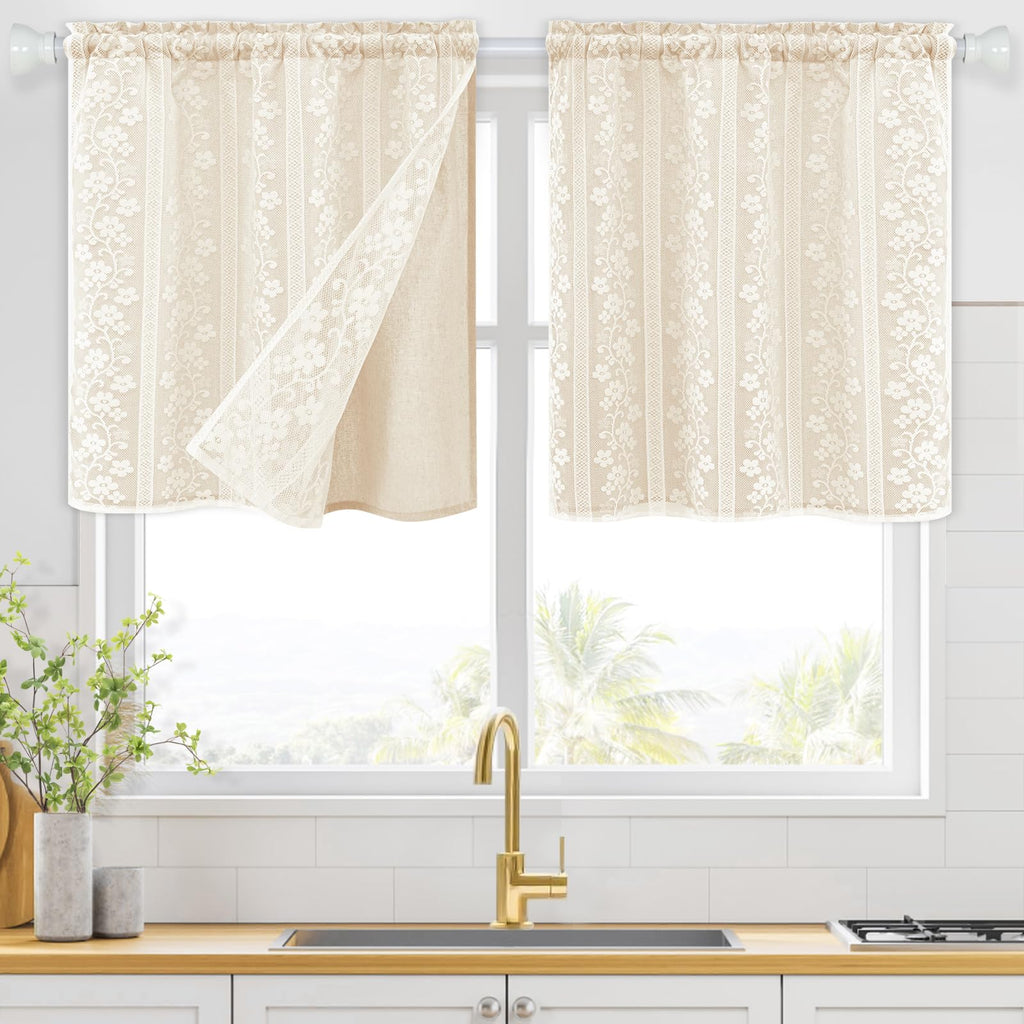 ASPMIZ Linen Curtains for Bedroom, Double Layered Boho Curtain for Living Room Farmhouse Curtain 84 Inch Length 2 Panels Set, Rustic Curtains & Drapes Rod Pocket with Tiebacks, 52 x 84 Inch, Beige