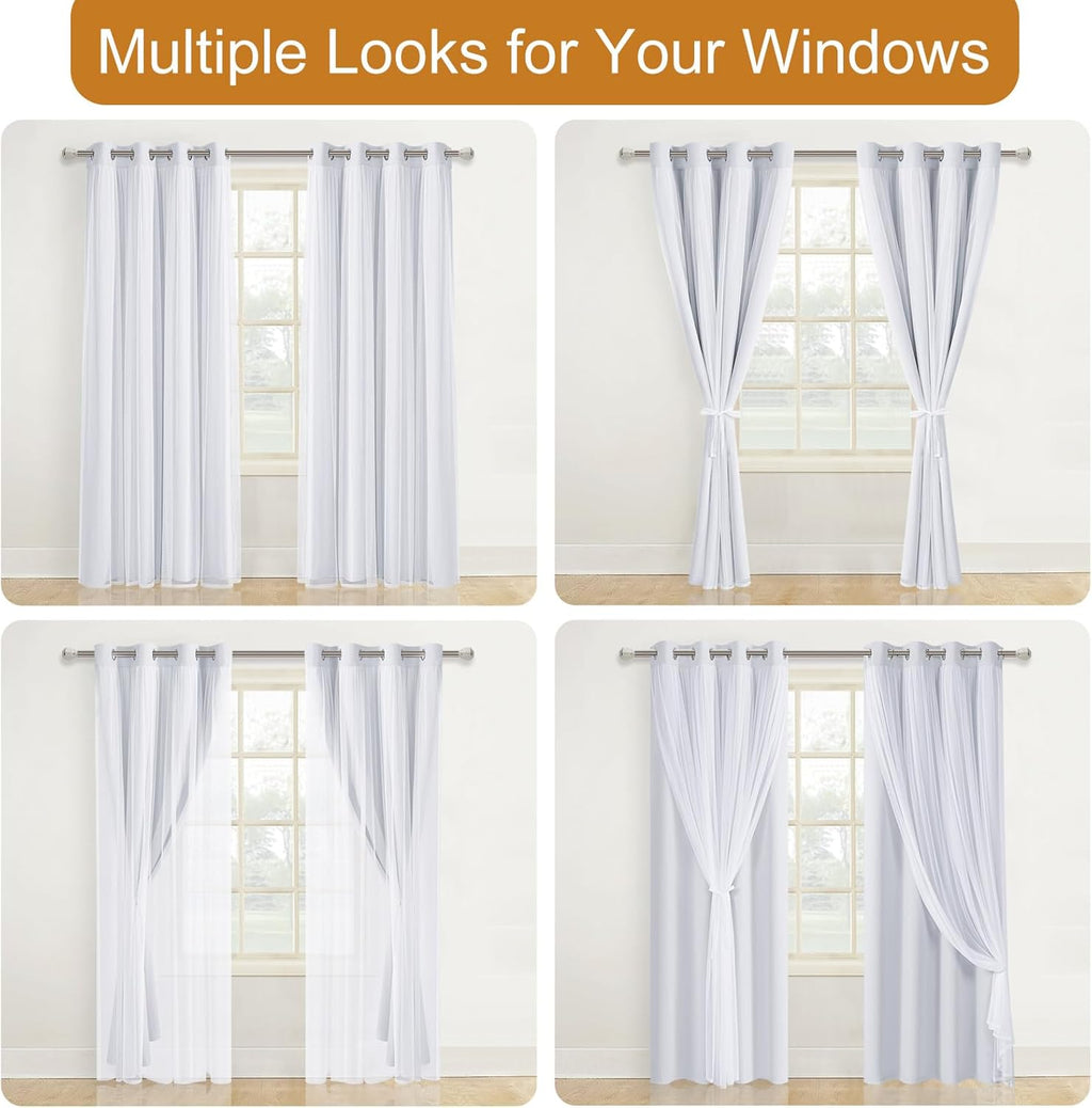DWCN White Blackout Curtains with Sheer Overlay Thermal Insulated Mix & Match Double Layer Window Panels for Bedroom Living Room Drape Sewn with Tiebacks Grommet Top 52" Wx84 Lx2