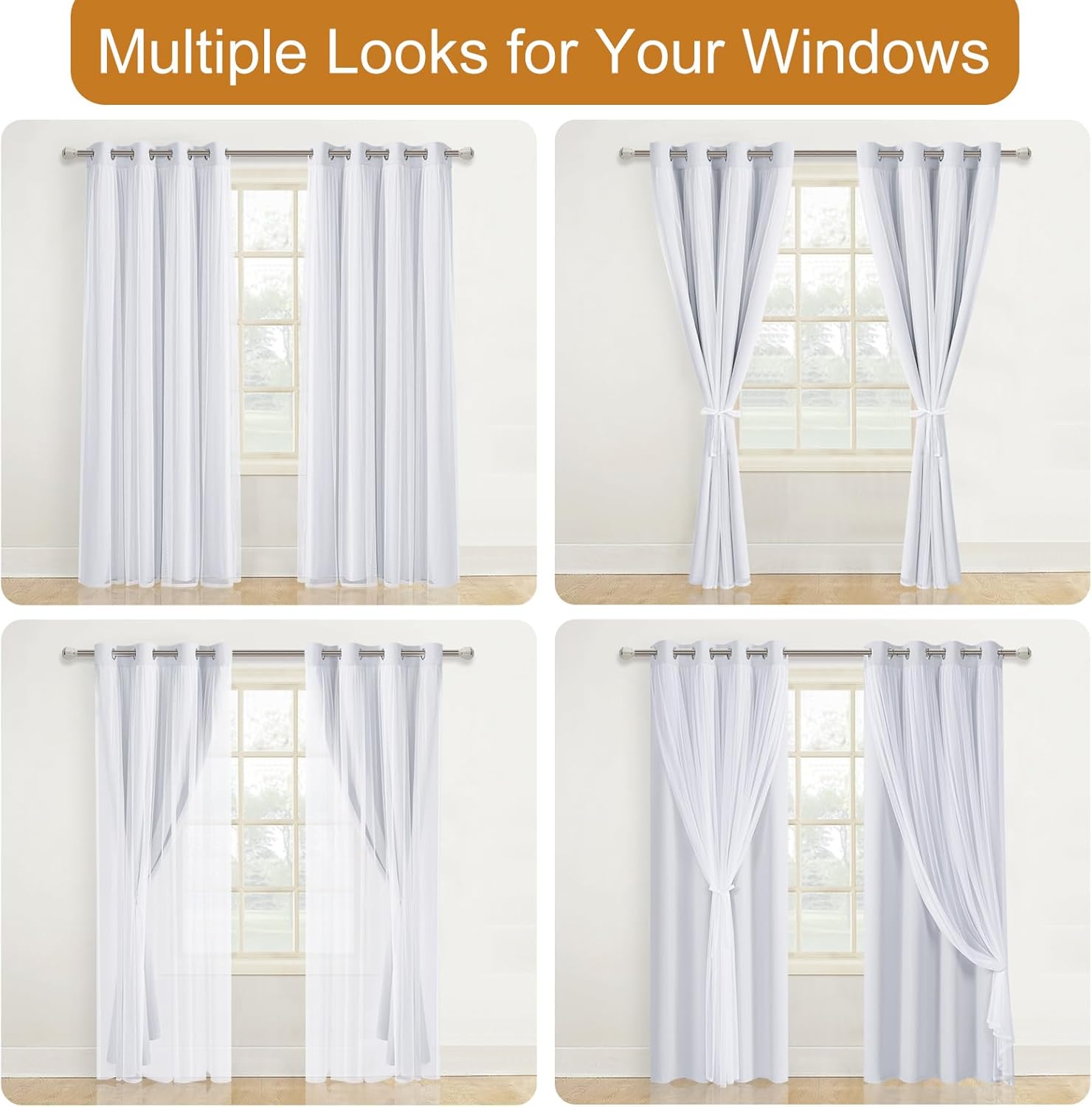 DWCN White Blackout Curtains with Sheer Overlay Thermal Insulated Mix & Match Double Layer Window Panels for Bedroom Living Room Drape Sewn with Tiebacks Grommet Top 52" Wx84 Lx2