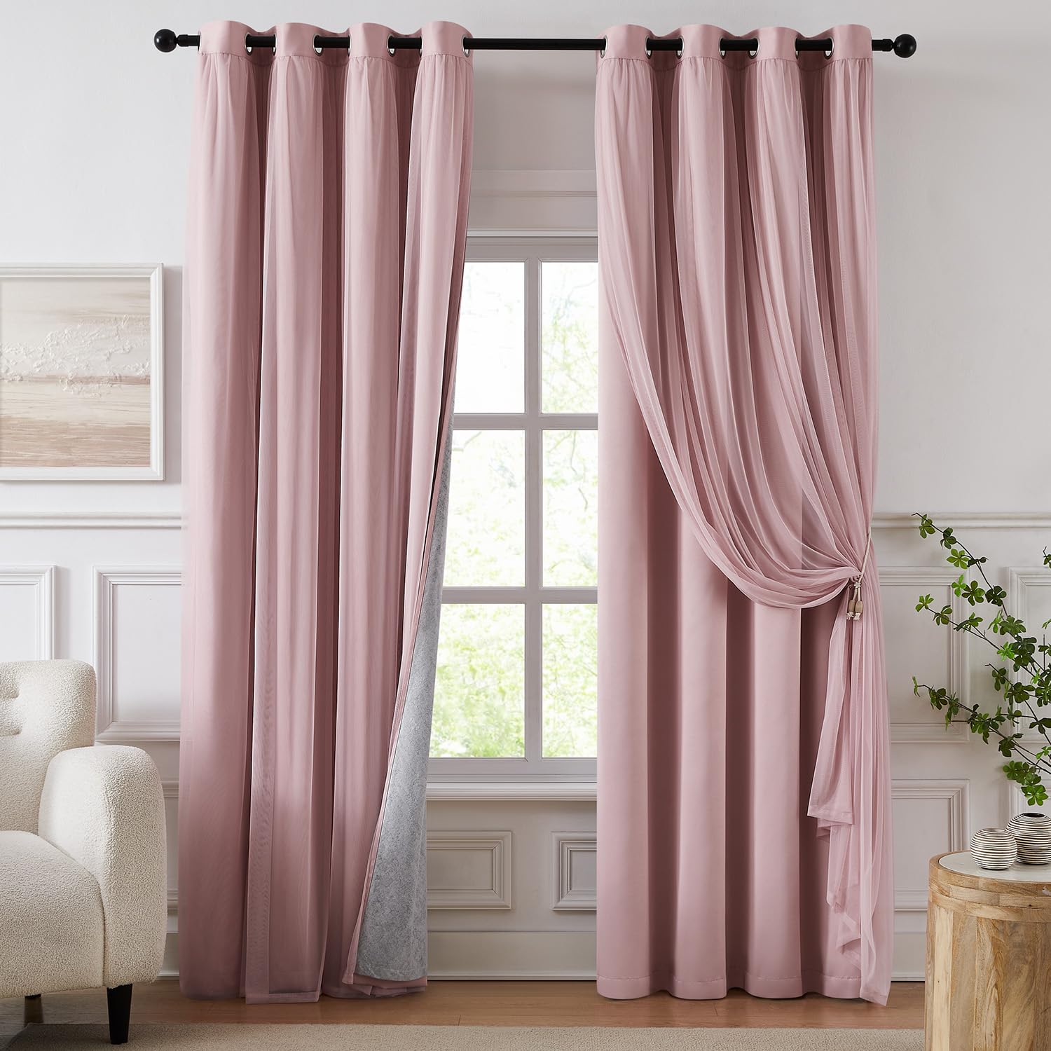 100% Blackout Curtains for Bedroom, Double Layer Ivory Curtains, Black Out Curtain 96 inch Long with Sheer Overlay for Living Room, Room Darkening Window Drapes with Grommet, 52" W x 96" L