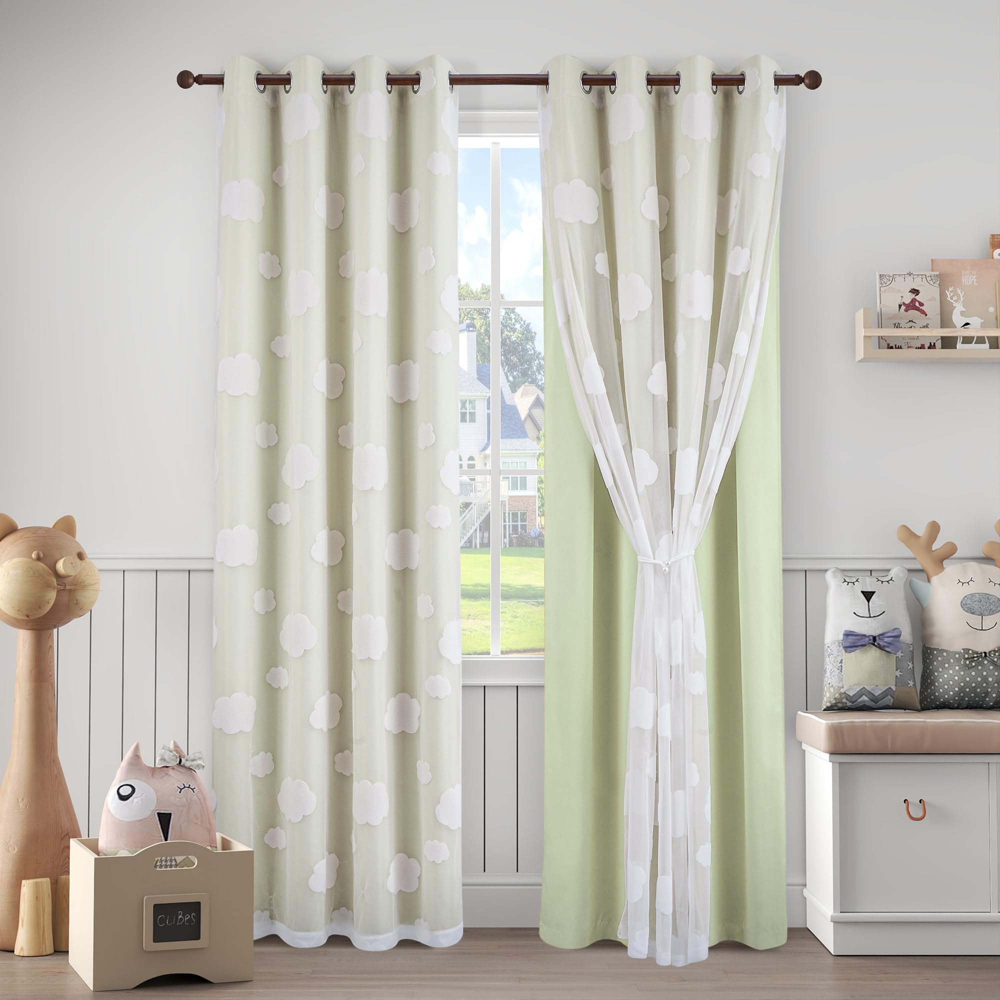 Beige Light Blocking Curtains with Sheer Overlay for Living Room Mix and Match Double Layer Window Panels 95 Inch for Bedroom Grommet Top, W52 X L95