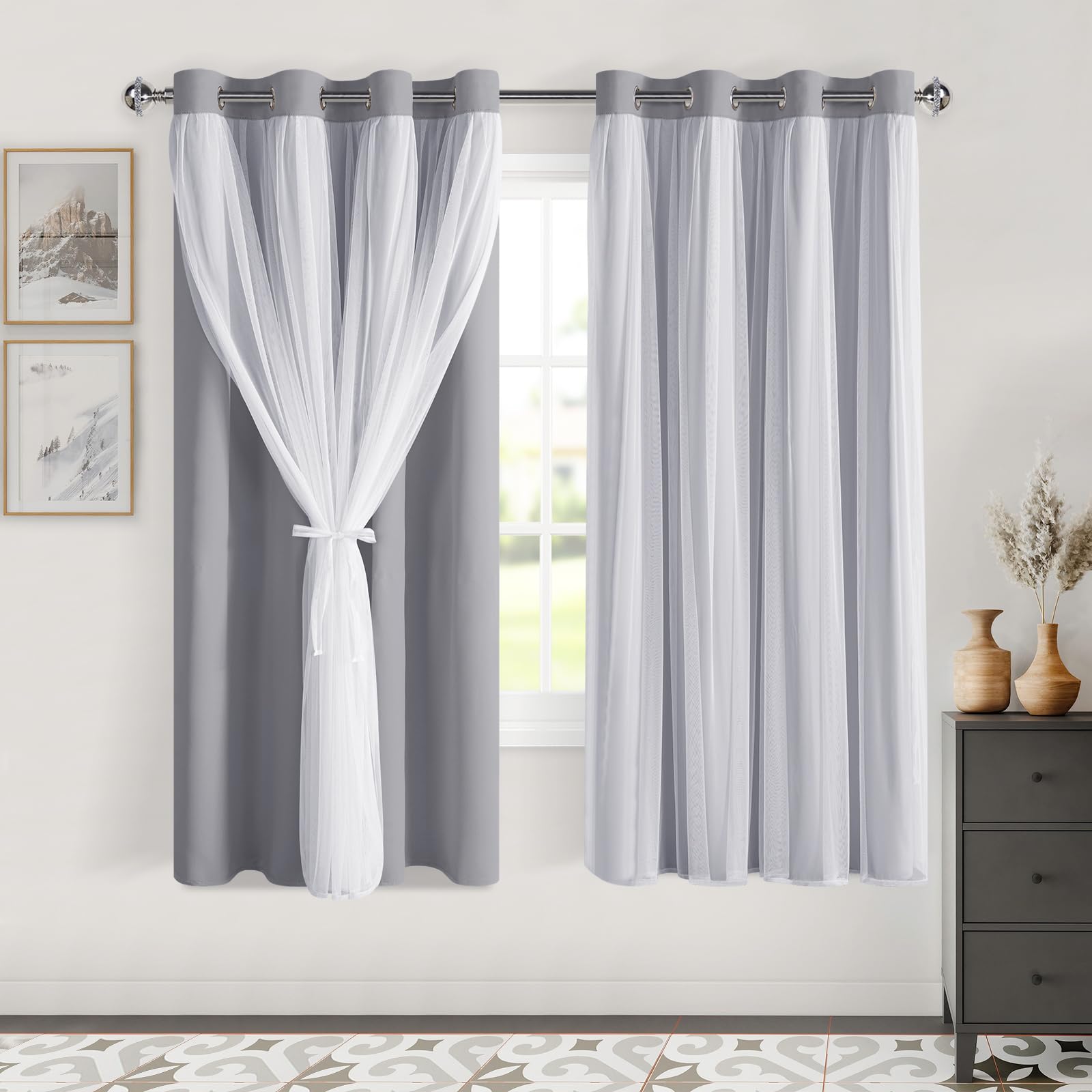 DWCN White Blackout Curtains with Sheer Overlay Thermal Insulated Mix & Match Double Layer Window Panels for Bedroom Living Room Drape Sewn with Tiebacks Grommet Top 52" Wx84 Lx2