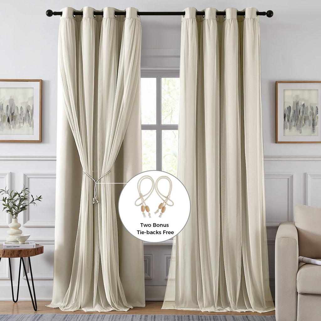 100% Blackout Curtains for Bedroom, Double Layer Ivory Curtains, Black Out Curtain 96 inch Long with Sheer Overlay for Living Room, Room Darkening Window Drapes with Grommet, 52" W x 96" L
