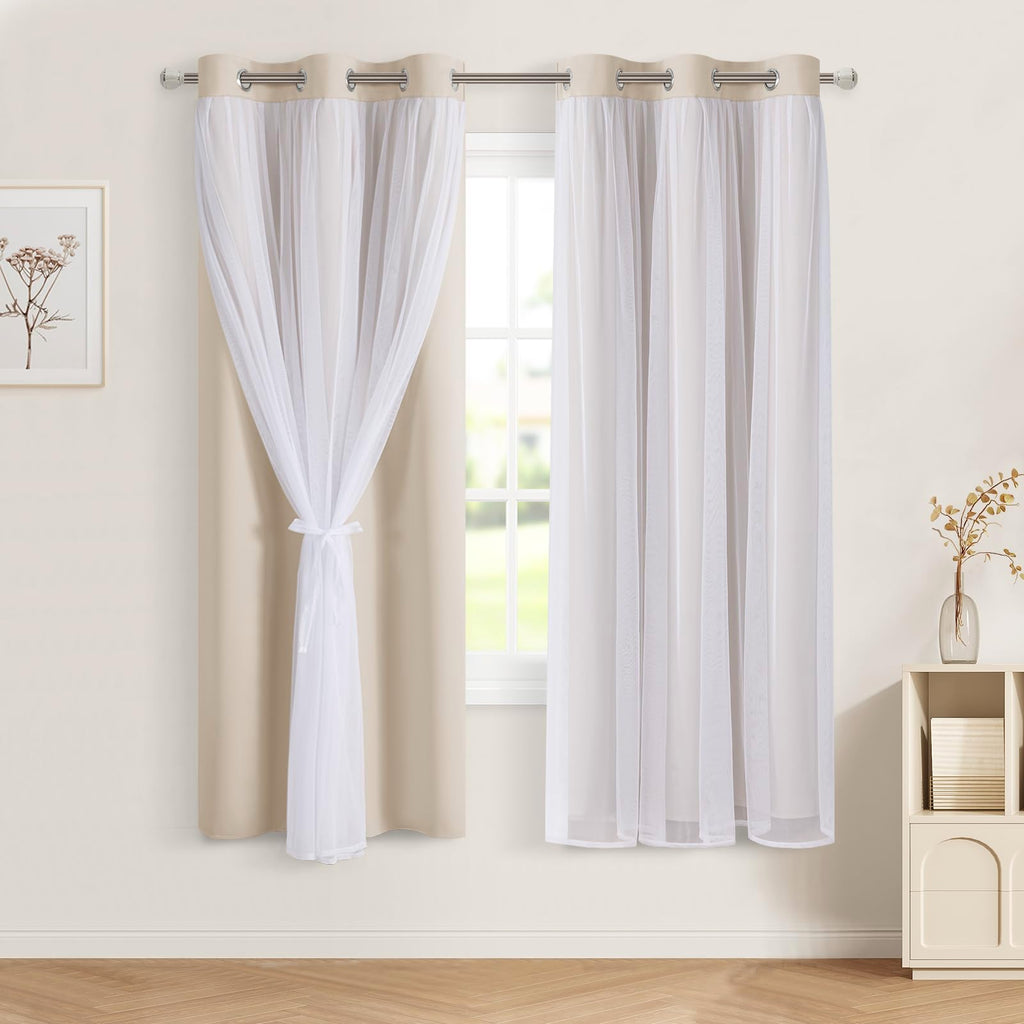 DWCN White Blackout Curtains with Sheer Overlay Thermal Insulated Mix & Match Double Layer Window Panels for Bedroom Living Room Drape Sewn with Tiebacks Grommet Top 52" Wx84 Lx2