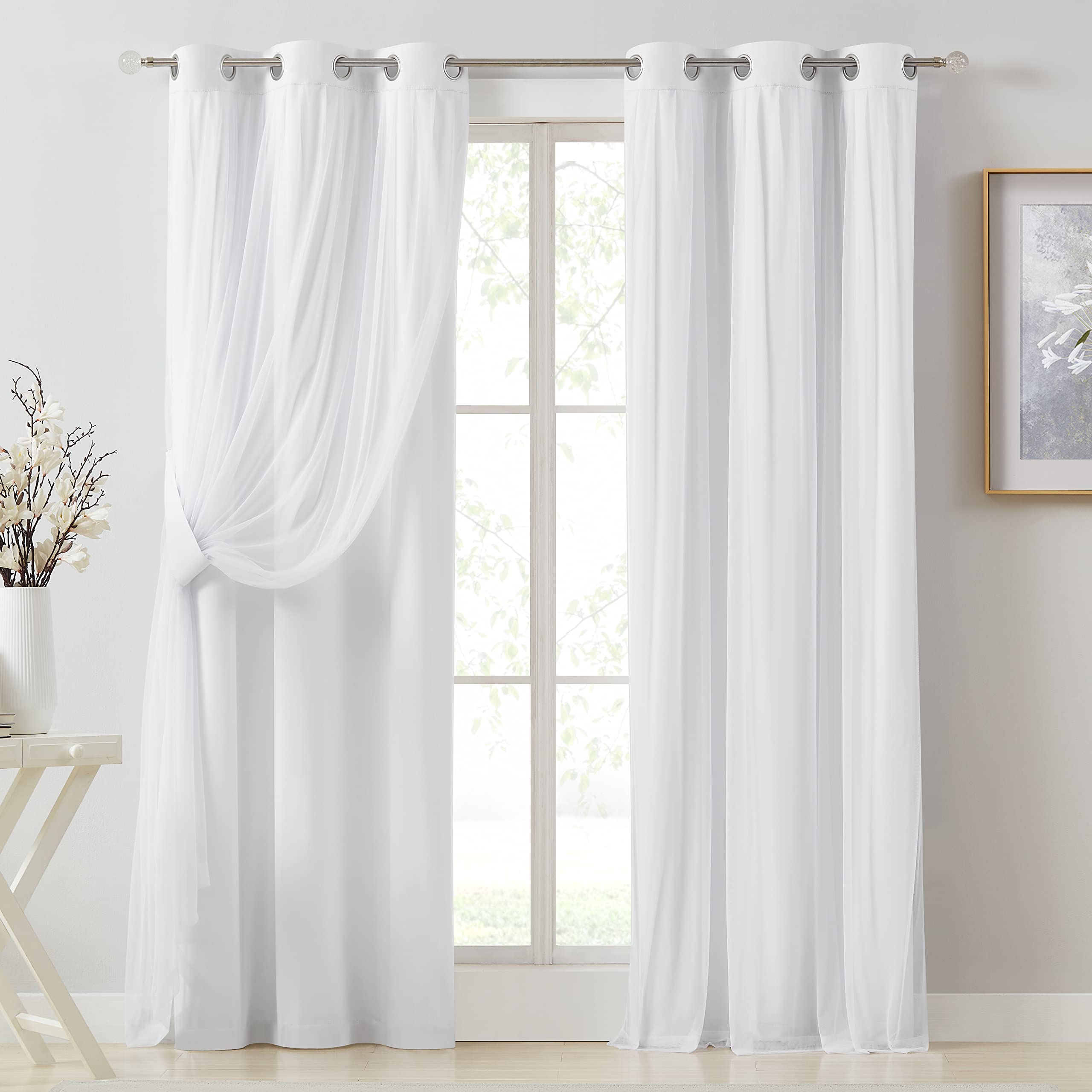 Bujasso Beige 80% Blackout Curtains with Sheer Overlay Mix and Match Double Layer Thermal Insulated Window Panels 95 inch for Living Room Bedroom Beige Drapes with Tiebacks Grommet Top 54" Wx95 Lx2
