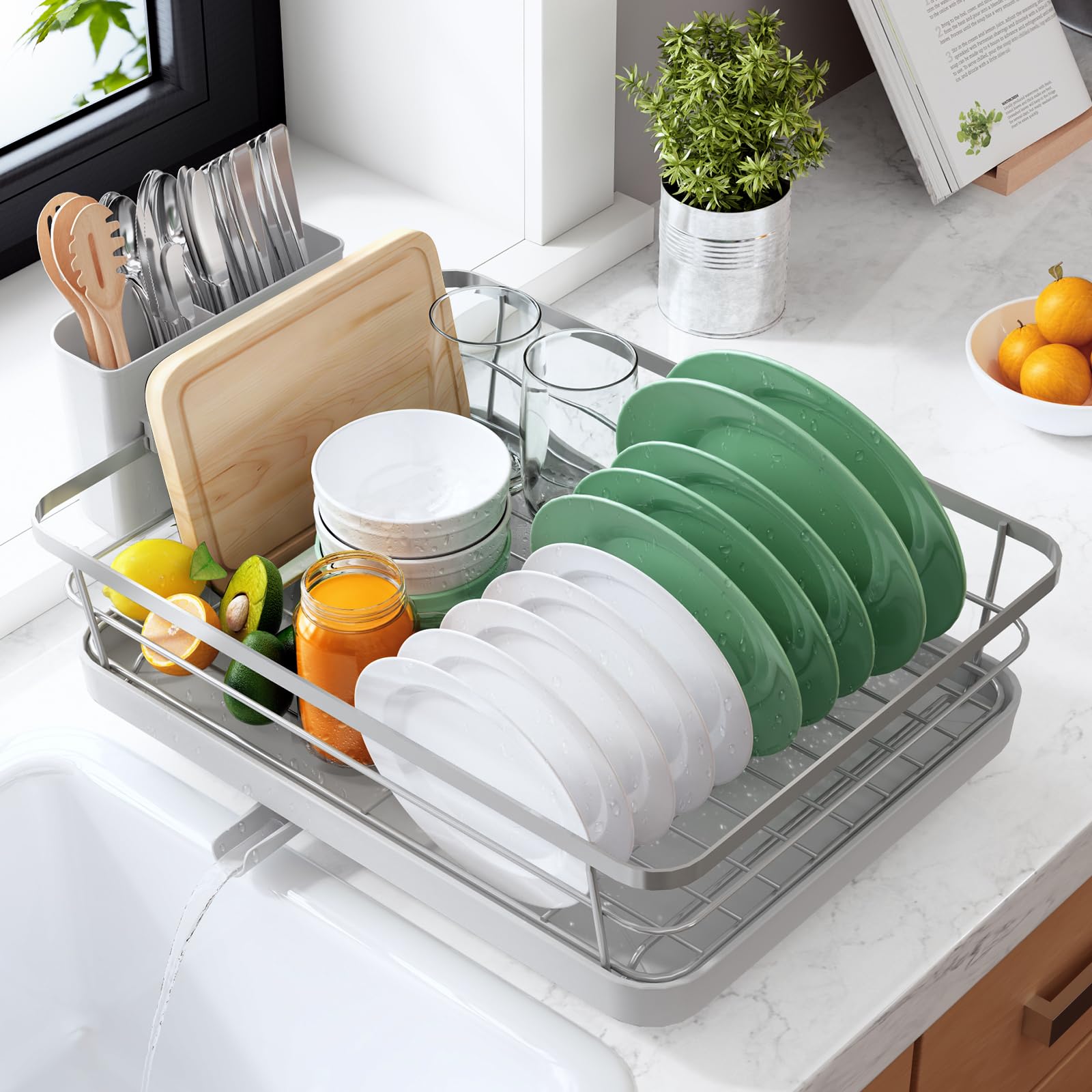 Kitsure Dish Drying Rack for Kitchen Counter, Stainless Steel Sink Organization and Storage Essentials with Cutlery Holder, Home and Appartment Decor, 12''W x 15.5''L, 2 Tiers, Black
