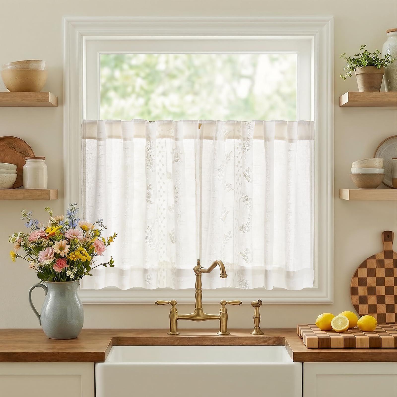 jinchan Belrose Linen Curtains for Bedroom Floral Curtains 84 Inch Length Linen Blend Ivory Embroidered Drapes Farmhouse Flower Patterned Drapes for Living Room Window Treatments Set 2 Panels