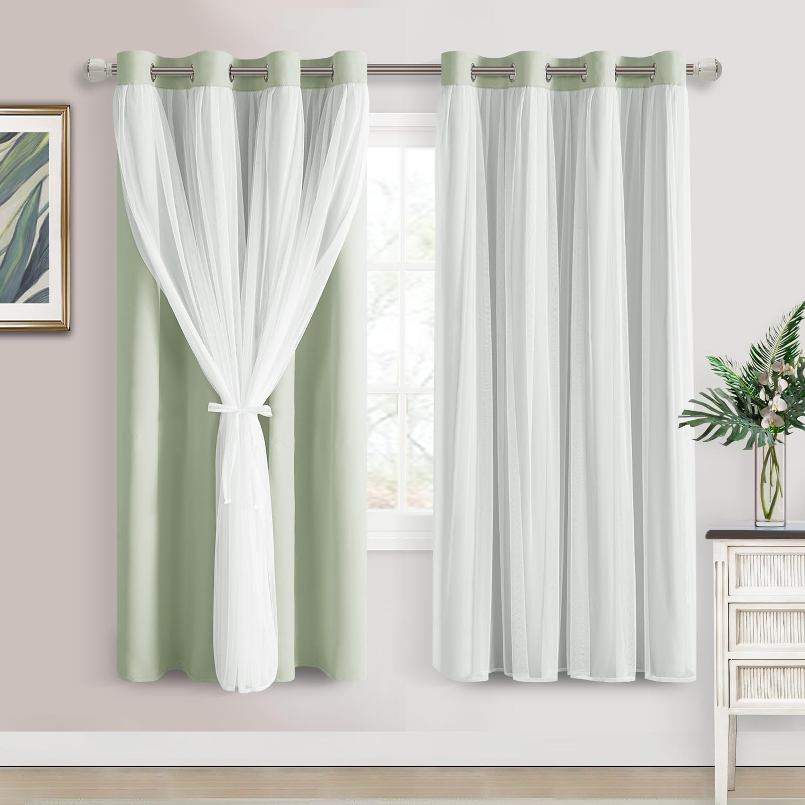 DWCN White Blackout Curtains with Sheer Overlay Thermal Insulated Mix & Match Double Layer Window Panels for Bedroom Living Room Drape Sewn with Tiebacks Grommet Top 52" Wx84 Lx2