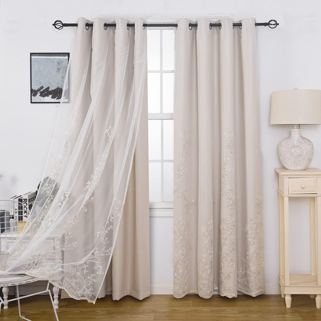 GYROHOME Double Layered Curtains with Embroidered White Sheer Tulle, Mix and Match Curtains Room Darkening Grommet Top Thermal Insulated Drapes,2Panels,52x84inch,Beige