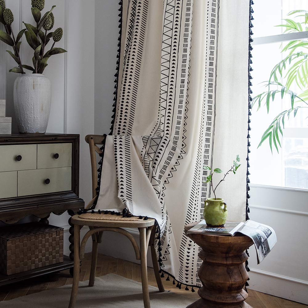 ColorBird Boho Curtains 2 Panels Aztec Western Semi-Blackout Patterned Rod Pocket Window Treatment Decorative Drapes with Black Tassels for Living Bedroom Closet 63 inch Length