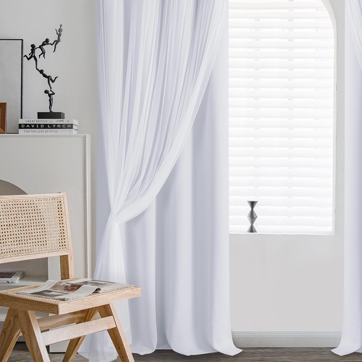 DWCN White Blackout Curtains with Sheer Overlay Thermal Insulated Mix & Match Double Layer Window Panels for Bedroom Living Room Drape Sewn with Tiebacks Grommet Top 52" Wx84 Lx2