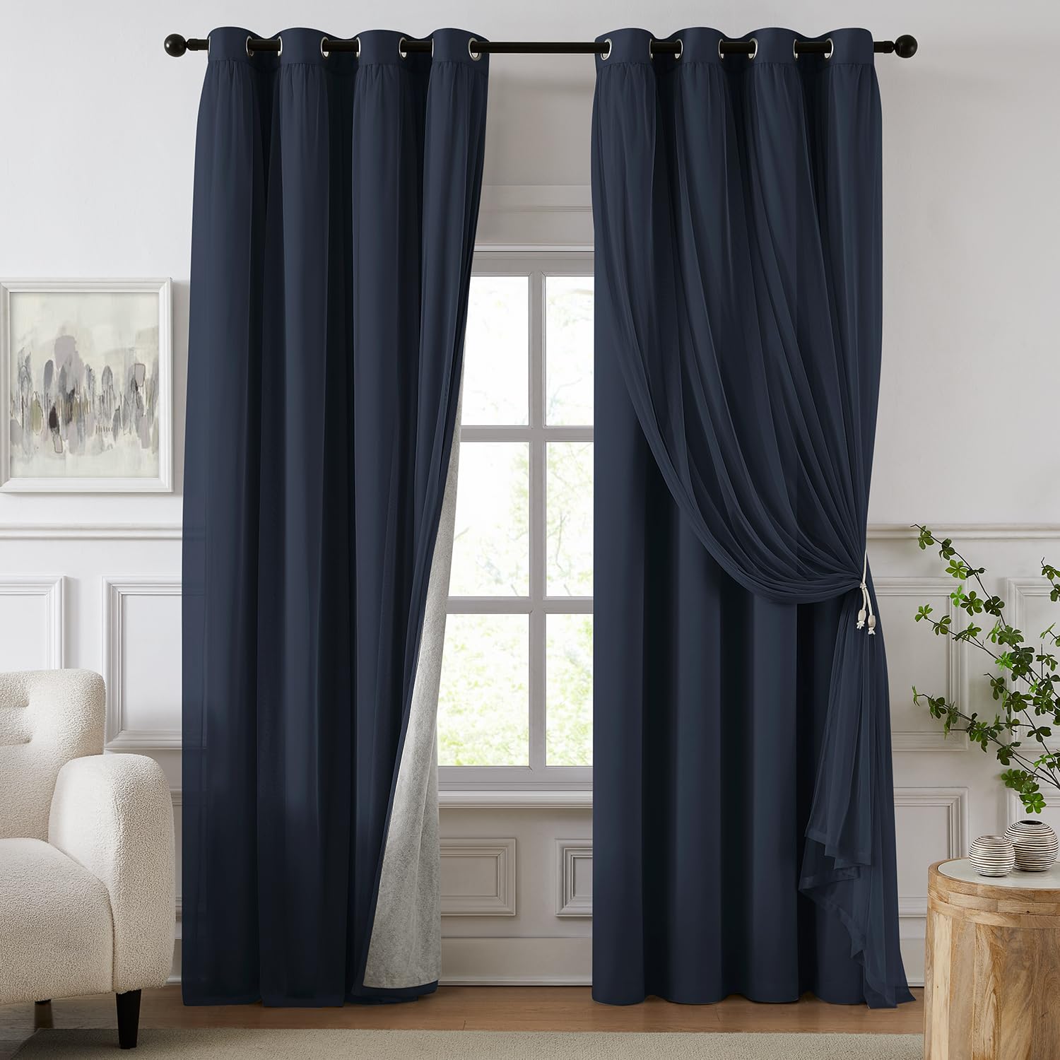 100% Blackout Curtains for Bedroom, Double Layer Ivory Curtains, Black Out Curtain 96 inch Long with Sheer Overlay for Living Room, Room Darkening Window Drapes with Grommet, 52" W x 96" L