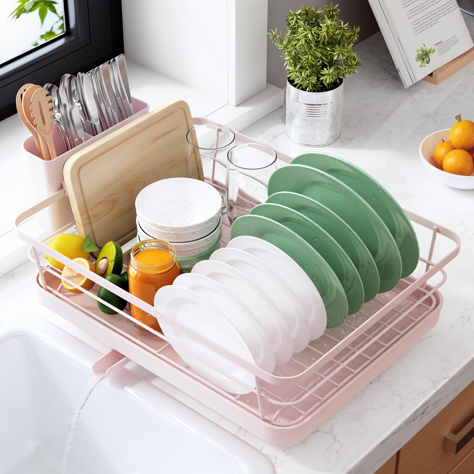 Kitsure Dish Drying Rack for Kitchen Counter, Stainless Steel Sink Organization and Storage Essentials with Cutlery Holder, Home and Appartment Decor, 12''W x 15.5''L, 2 Tiers, Black
