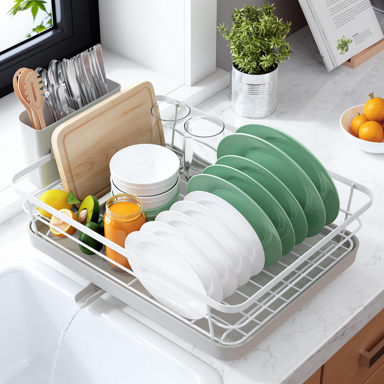 Kitsure Dish Drying Rack for Kitchen Counter, Stainless Steel Sink Organization and Storage Essentials with Cutlery Holder, Home and Appartment Decor, 12''W x 15.5''L, 2 Tiers, Black